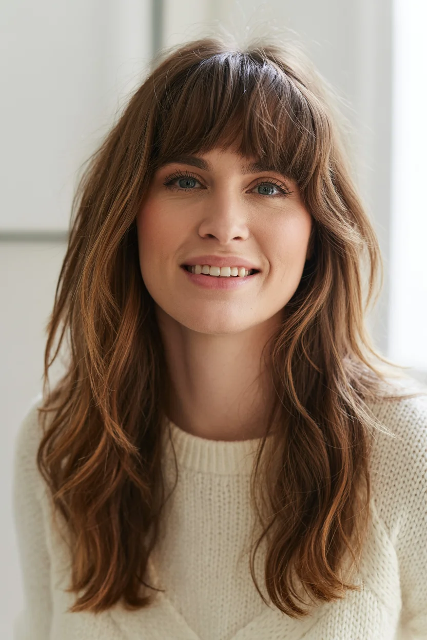 textured summer haircuts for long hair 2026 Feathered Layers with Soft Volume and Wispy Bangs