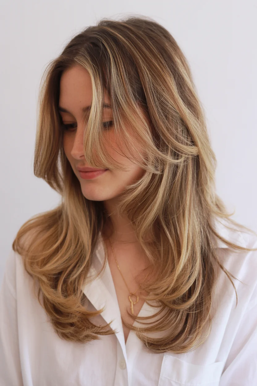 textured summer haircuts for long hair 2026 Buttery Blonde Layers with Feathered Front