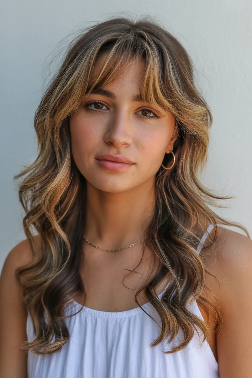 textured summer haircuts for long hair 2026 Soft Shag Waves with Wispy Fringe