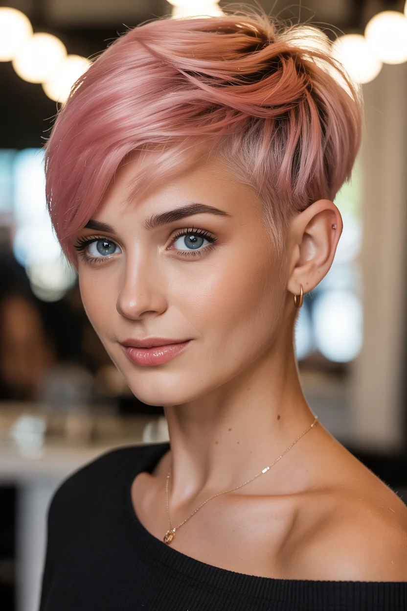textured summer pixie haircuts 2026 Rose-Tinted Pixie with Bold Side Sweep