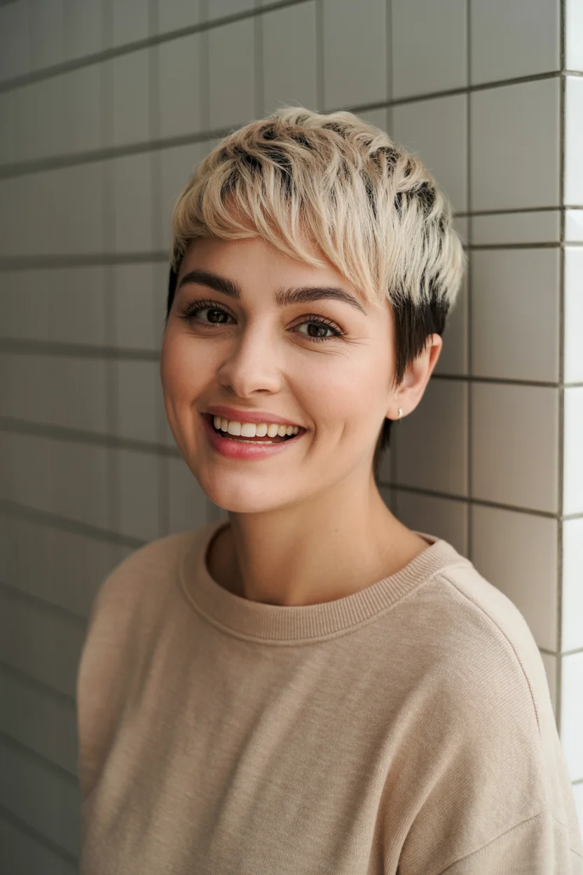 textured summer pixie haircuts 2026 Two-Tone Blonde Pixie with Soft Contrast Edge