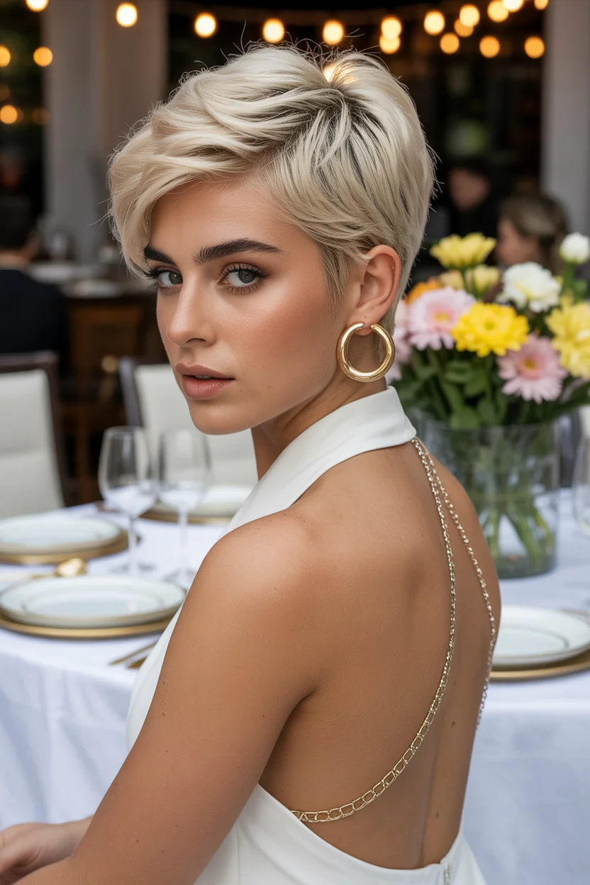 textured summer pixie haircuts 2026 Refined Platinum Pixie with Evening Polish