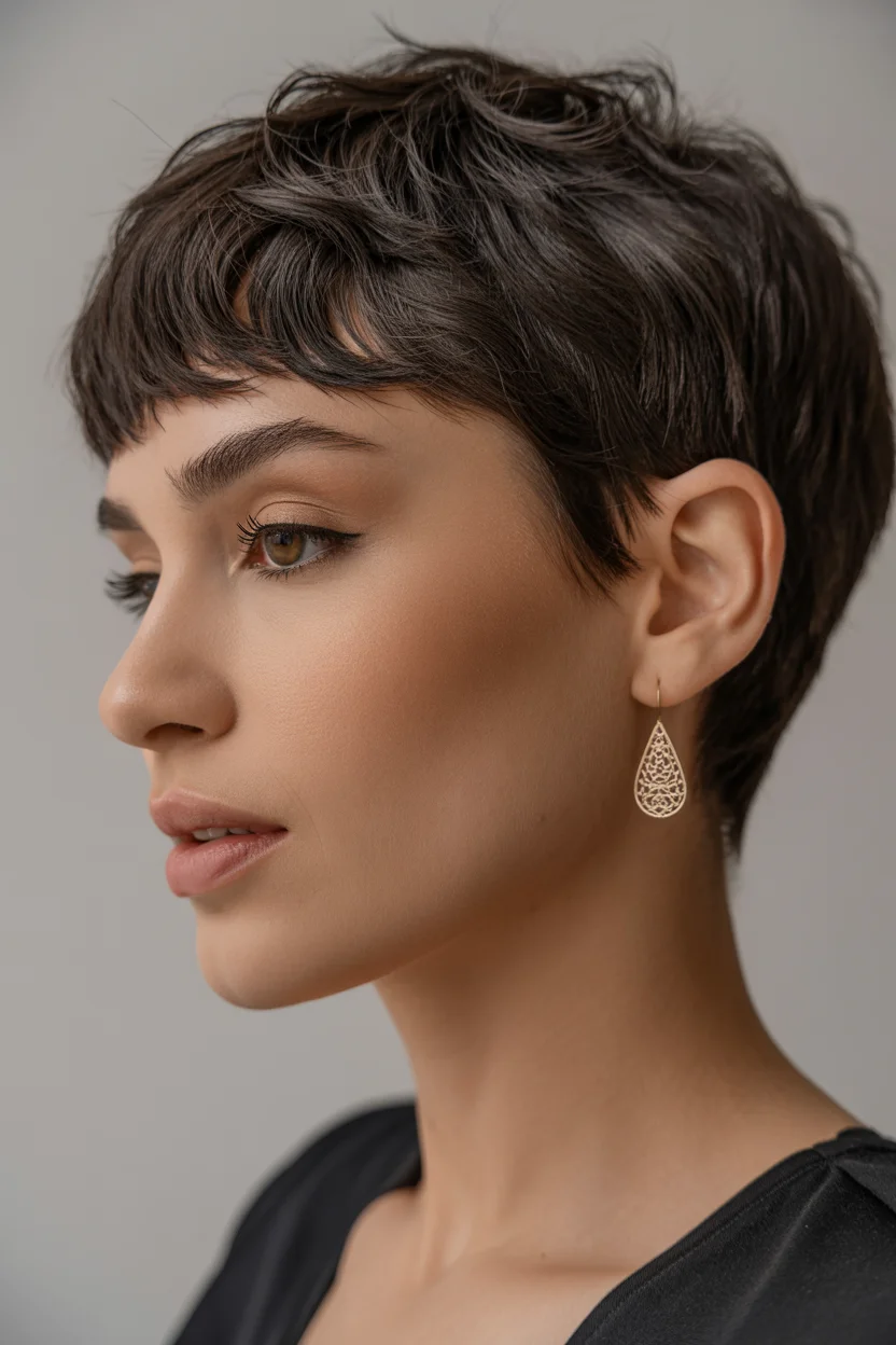 textured summer pixie haircuts 2026 Soft Brunette Pixie with Wispy Fringe Detail