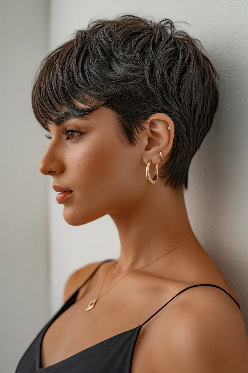 textured summer pixie haircuts 2026 Structured Espresso Pixie with Defined Layers
