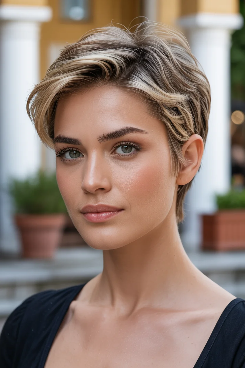 textured summer pixie haircuts 2026 Dimensional Bronde Pixie with Soft Sweep Finish