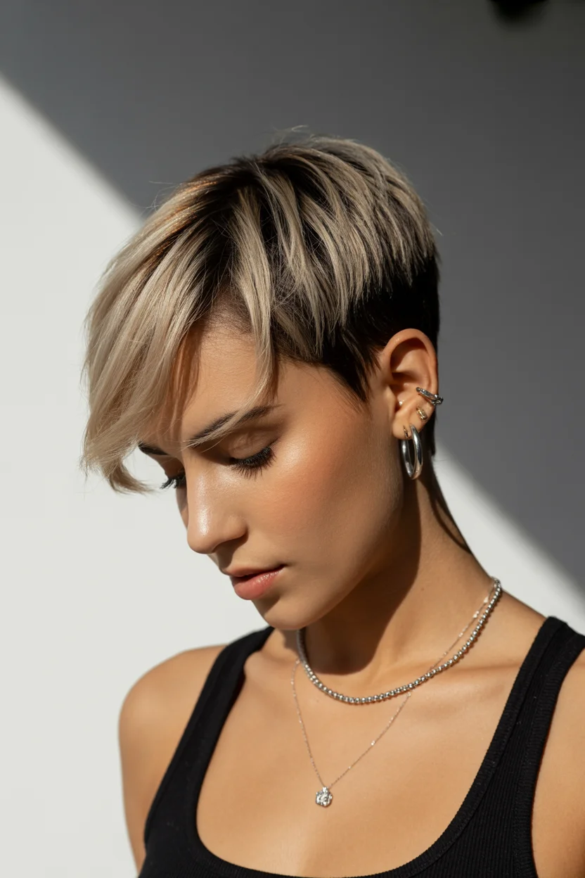 textured summer pixie haircuts 2026 Shadowed Blonde Pixie with Directional Fringe