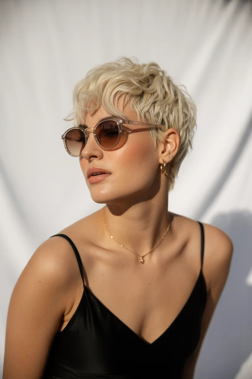 textured summer pixie haircuts 2026 Soft Platinum Pixie with Tousled Summer Texture