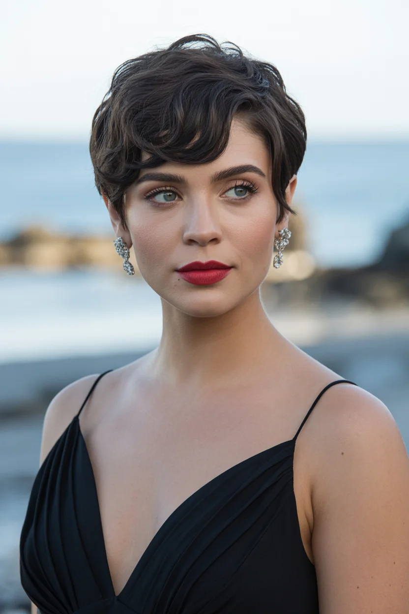 textured summer pixie haircuts 2026 Classic Brunette Pixie with Soft Glam Waves