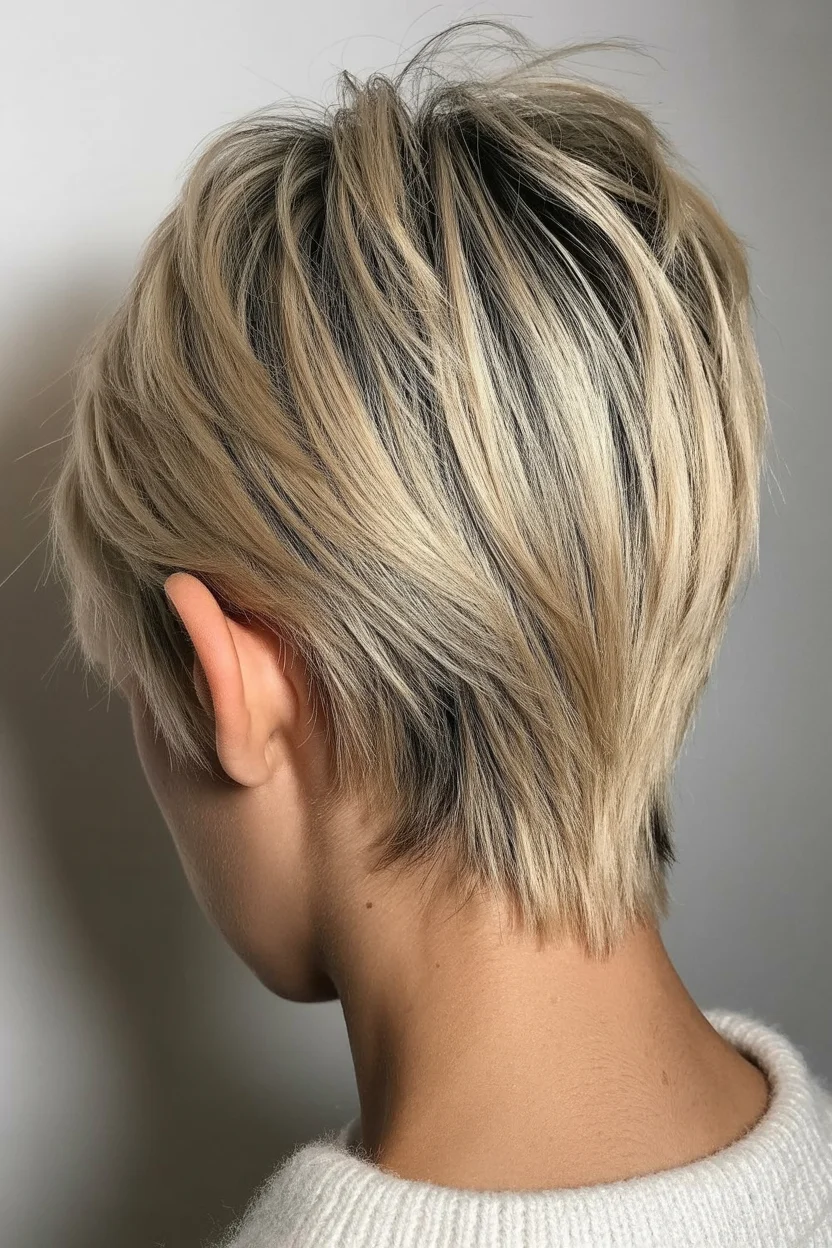 textured summer pixie haircuts 2026 Layered Blonde Pixie with Tapered Nape Detail