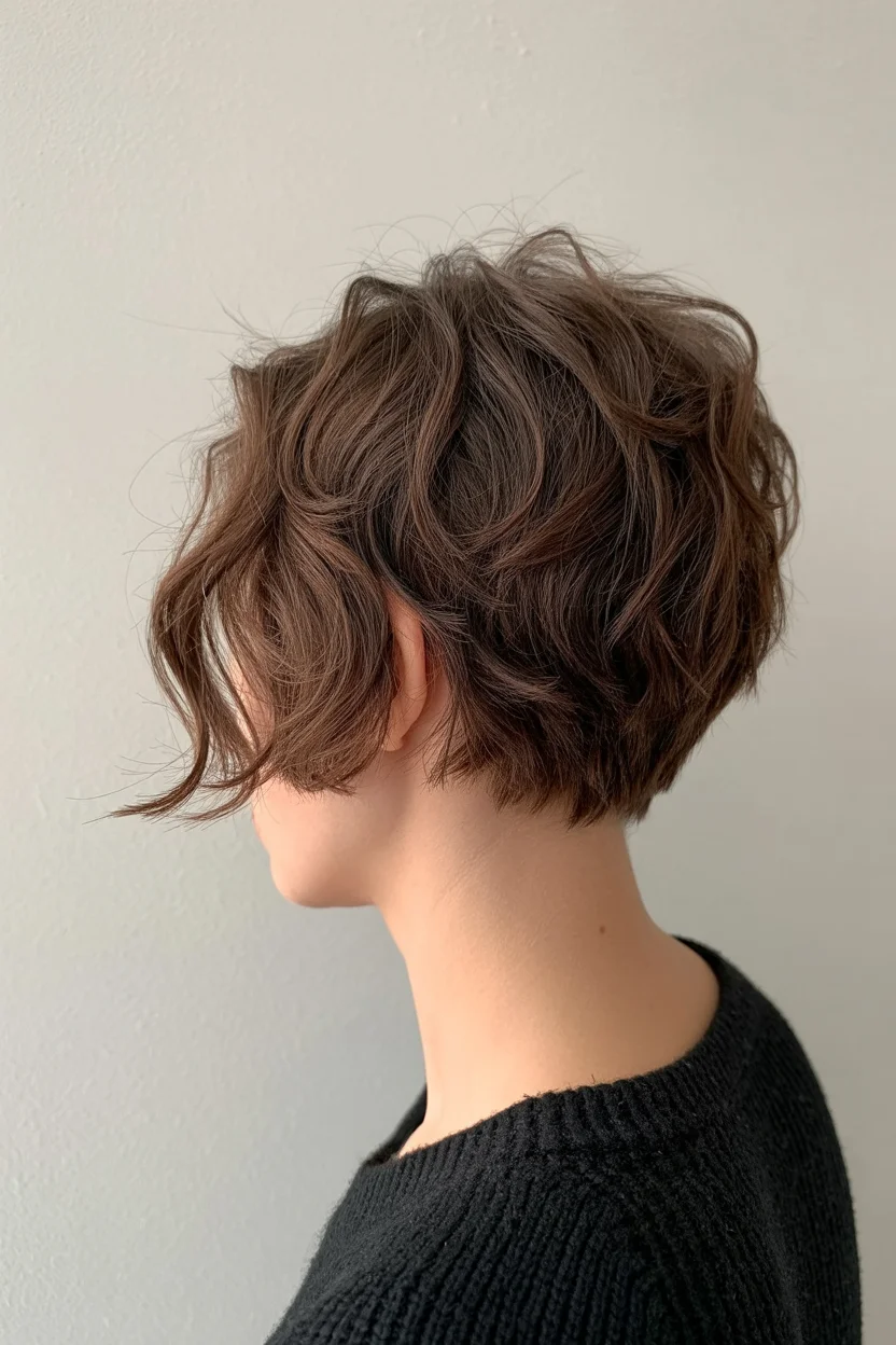 textured summer pixie haircuts 2026 Soft Wavy Brunette Pixie with Natural Volume