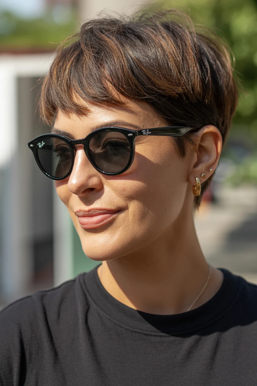 textured summer pixie haircuts 2026 Effortless Brunette Pixie with Lived-In Fringe