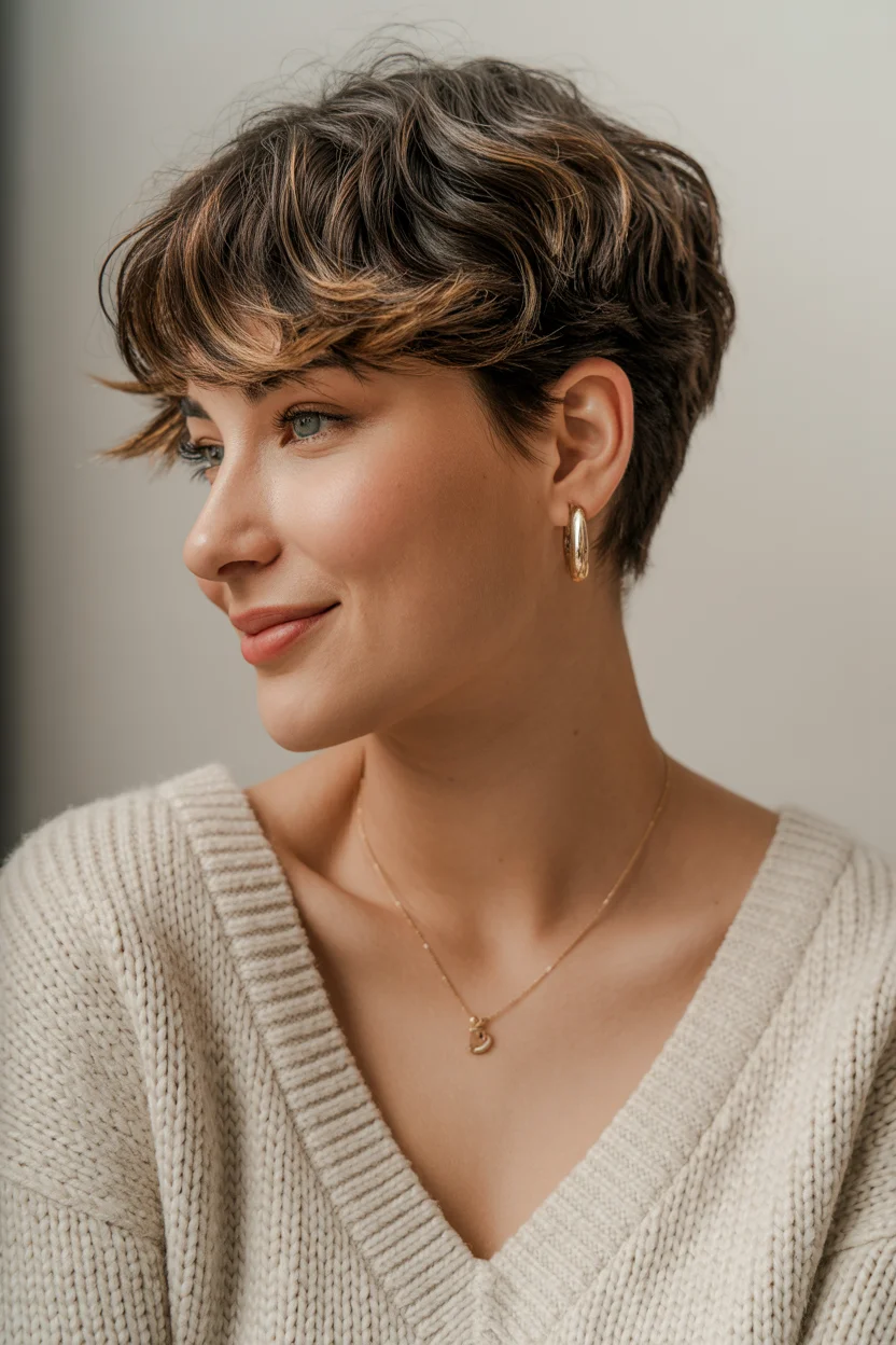 textured summer pixie haircuts 2026 Softly Layered Brunette Pixie with Sunlit Movement