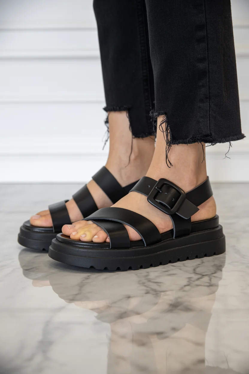 Trendy ideas for summer footwear 2026 chunky black sandals - grounded cool and a little rebellious