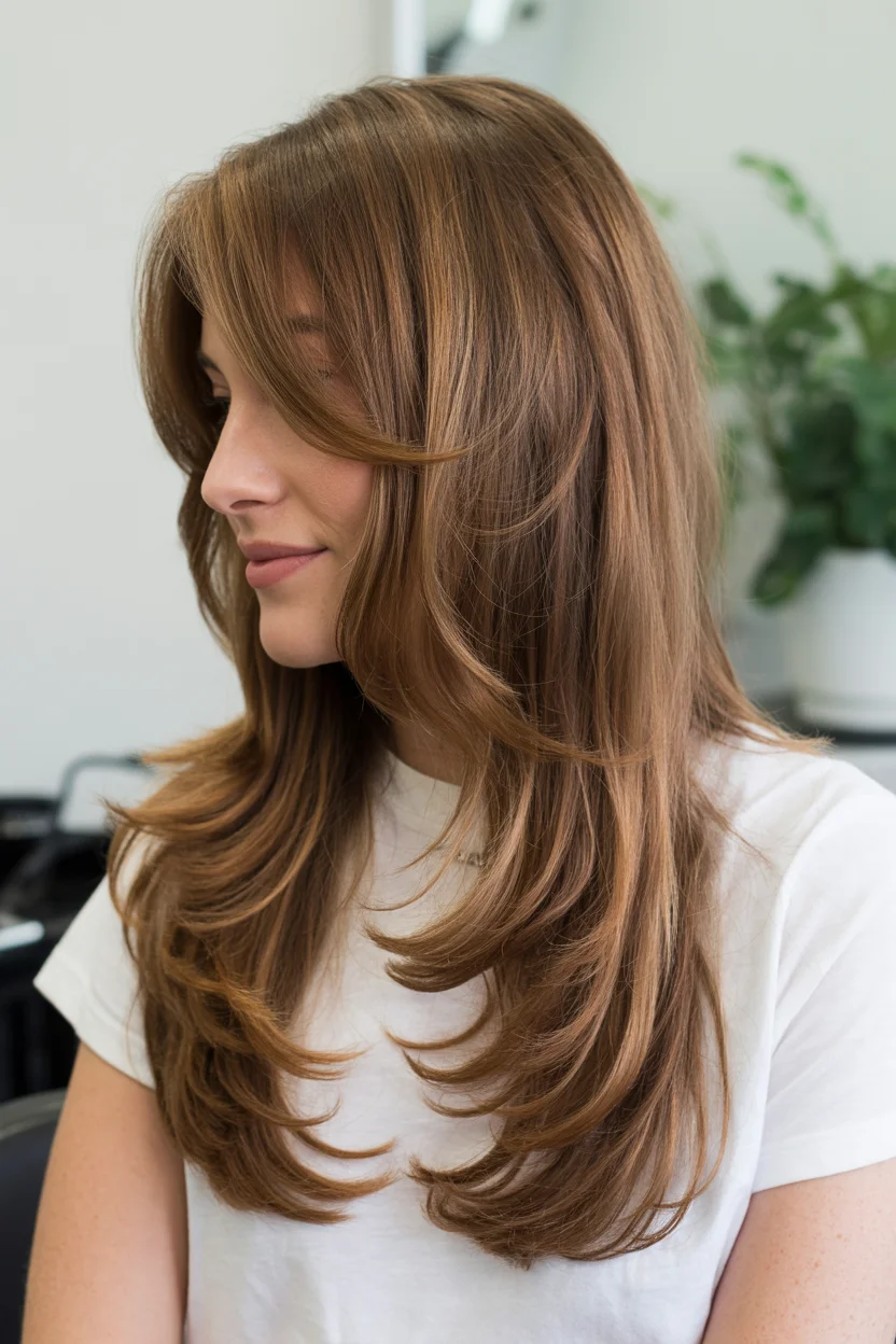 trendy summer haircut 2026 Soft Caramel Layers with Flipped Ends