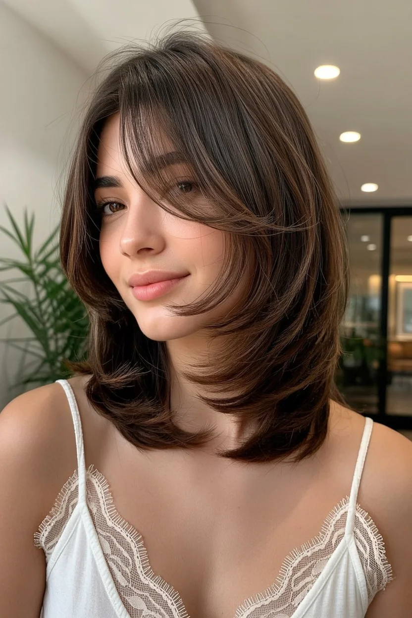 trendy summer haircut 2026 Airy Shoulder-Length Cut with Wispy Fringe