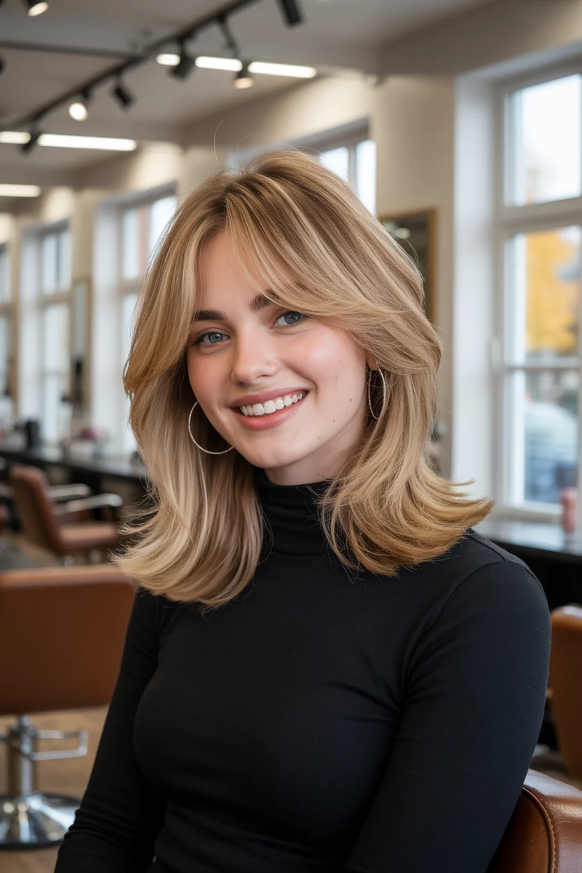 trendy summer haircut 2026 Layered Blonde Cut with Curtain Movement