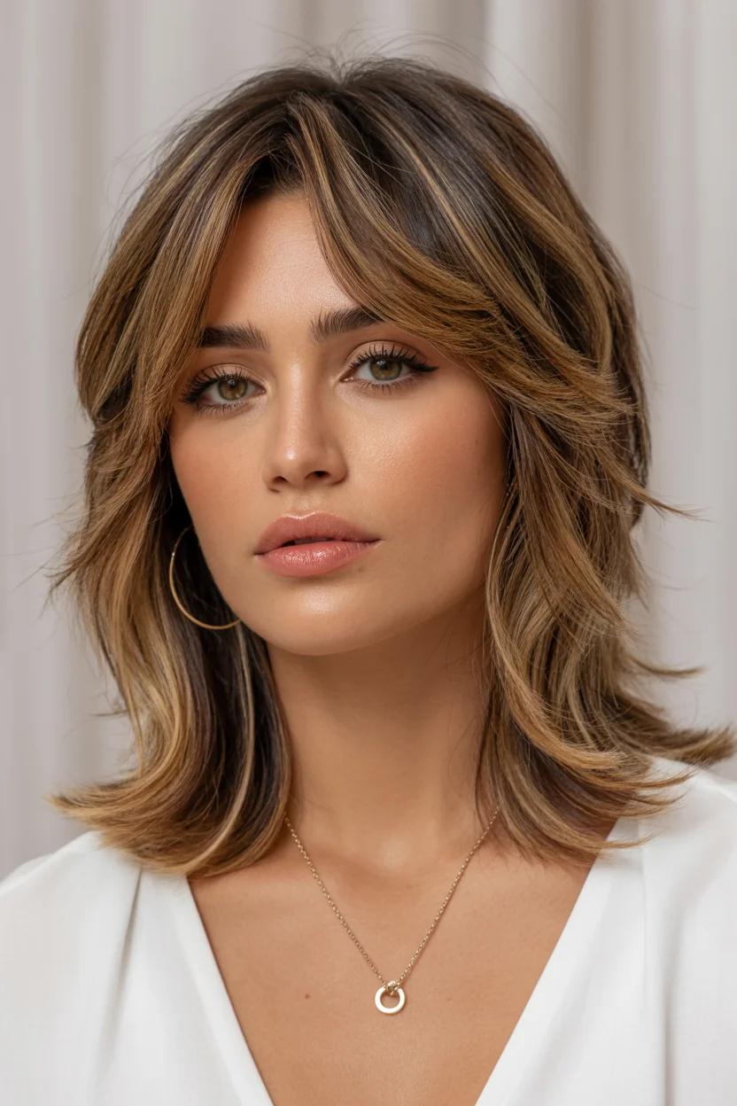 trendy summer haircut 2026 Textured Mid-Length Shag with Dimensional Highlights
