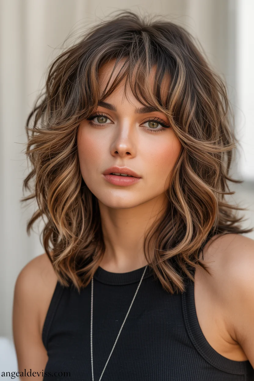 trendy summer haircut 2026 Textured Shag Waves with Wispy Fringe Detail