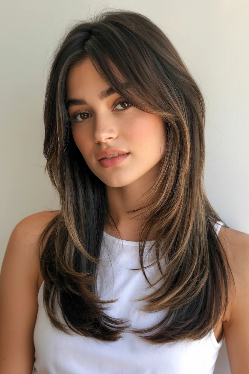 trendy summer haircut 2026 Long Espresso Layers with Face-Framing Glow