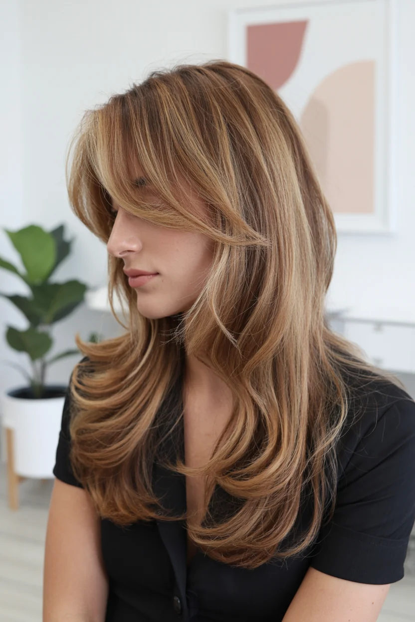 trendy summer haircut 2026 Warm Caramel Blowout with Flowing Curtain Layers