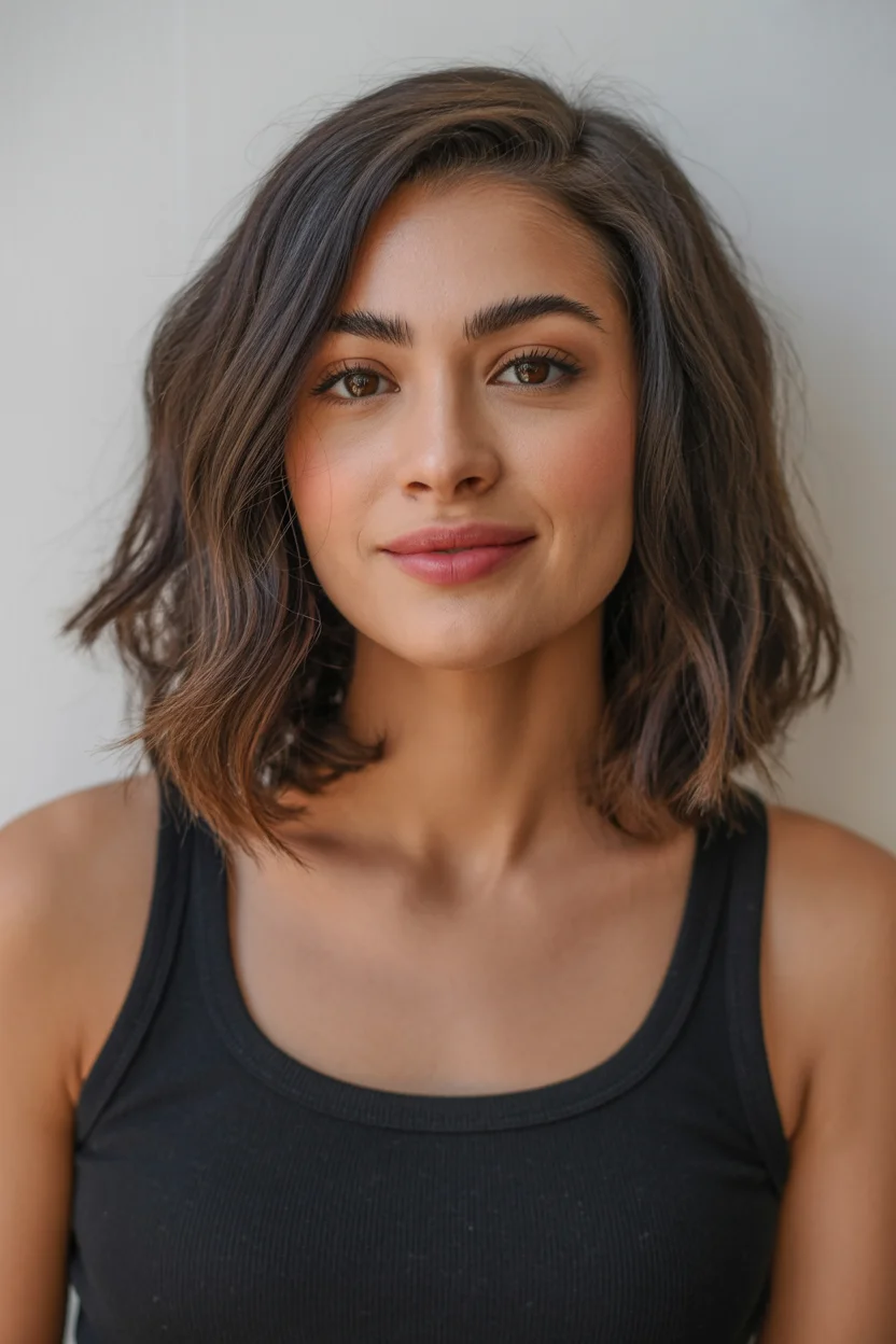 versatile summer haircuts for medium hair 2026 Soft Wavy Lob with Natural Brunette Depth