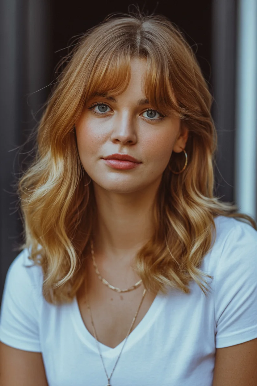 versatile summer haircuts for medium hair 2026 Soft Copper Layers with Airy Curtain Bangs