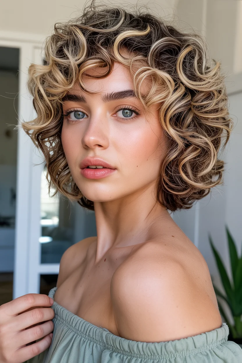 youthful summer haircuts for women over 40 2026 Playful Curly Bob with Dimensional Highlights
