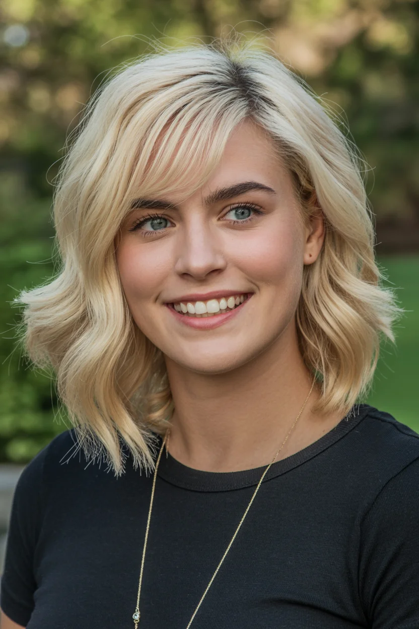 youthful summer haircuts for women over 40 2026 Soft Blonde Lob with Side Swept Fringe