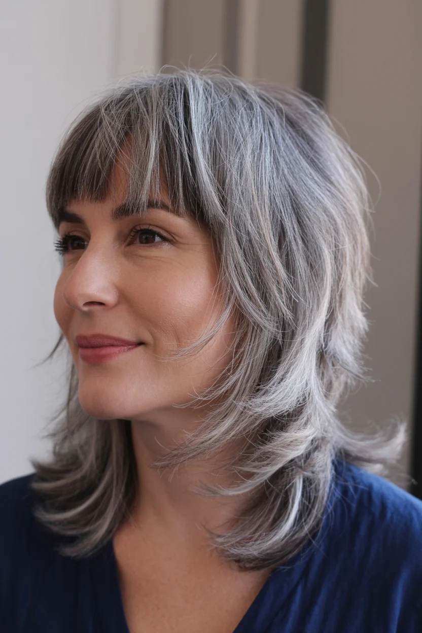 youthful summer haircuts for women over 40 2026 Feathered Silver Layers with Modern Edge