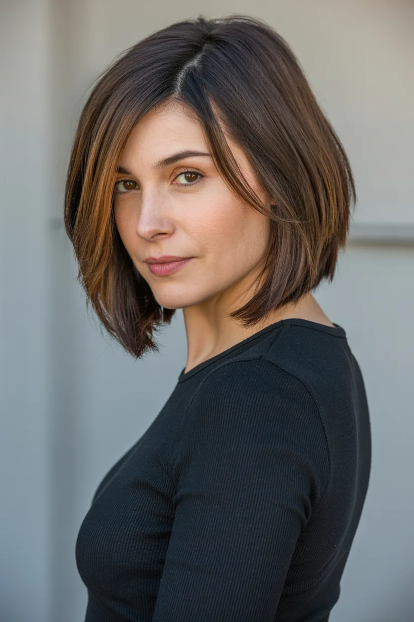 youthful summer haircuts for women over 40 2026 Classic Angled Bob with Subtle Warm Dimension