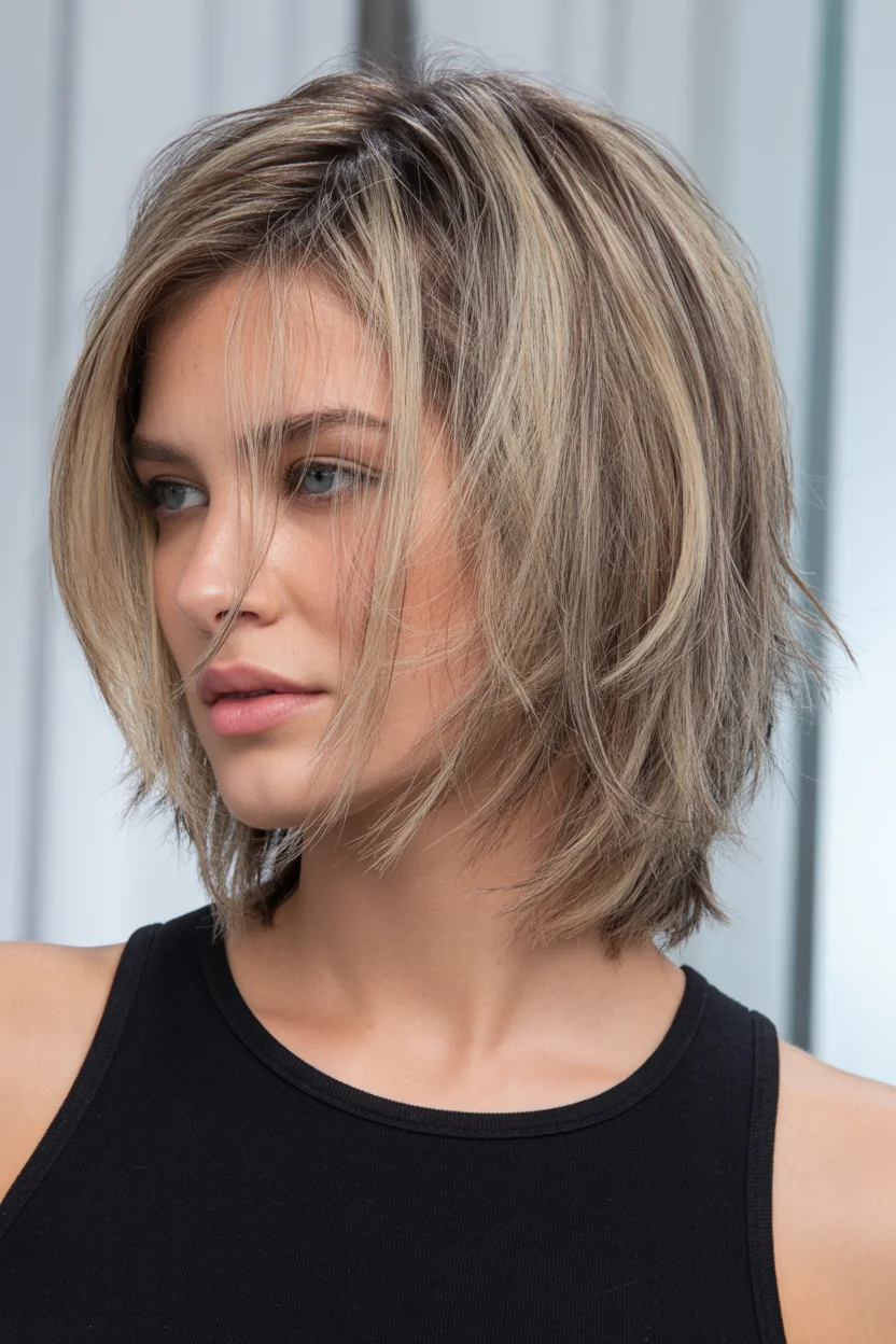 youthful summer haircuts for women over 40 2026 Choppy Layered Bob with Soft Blonde Contrast