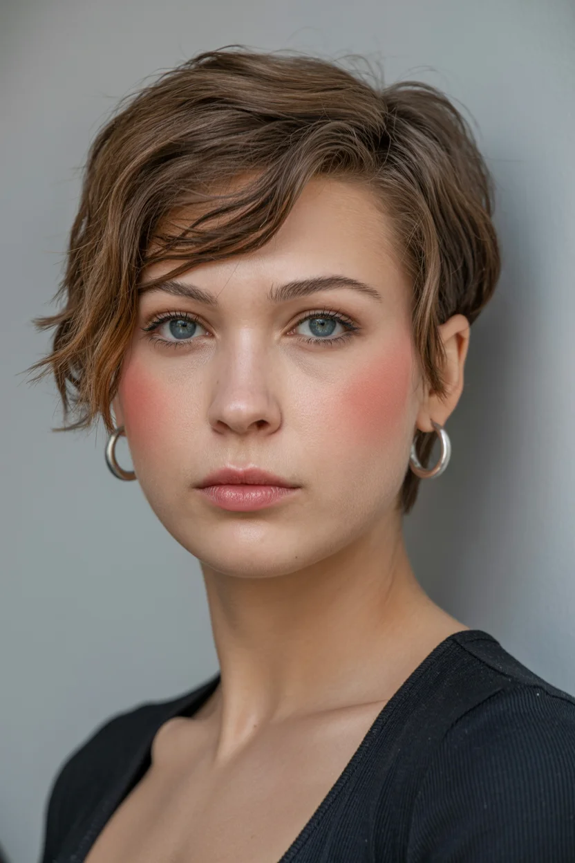 youthful summer haircuts for women over 40 2026 Short Textured Pixie with Side Swept Volume