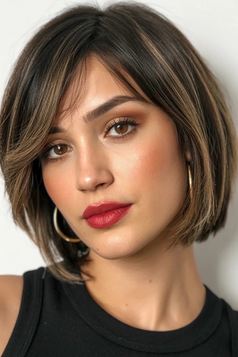 youthful summer haircuts for women over 40 2026 Glossy Brunette Bob with Side-Swept Ease