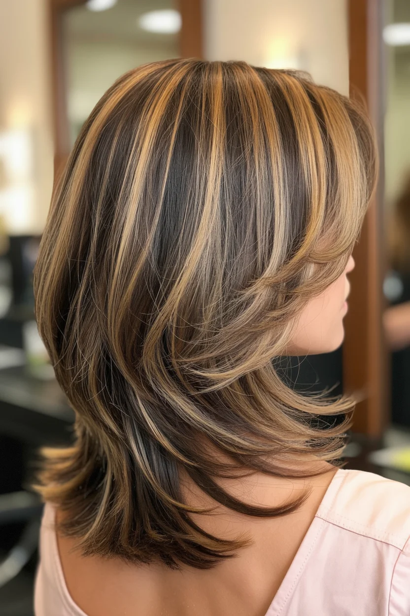 youthful summer haircuts for women over 40 2026 Layered Mid Length Cut with Caramel Ribbons