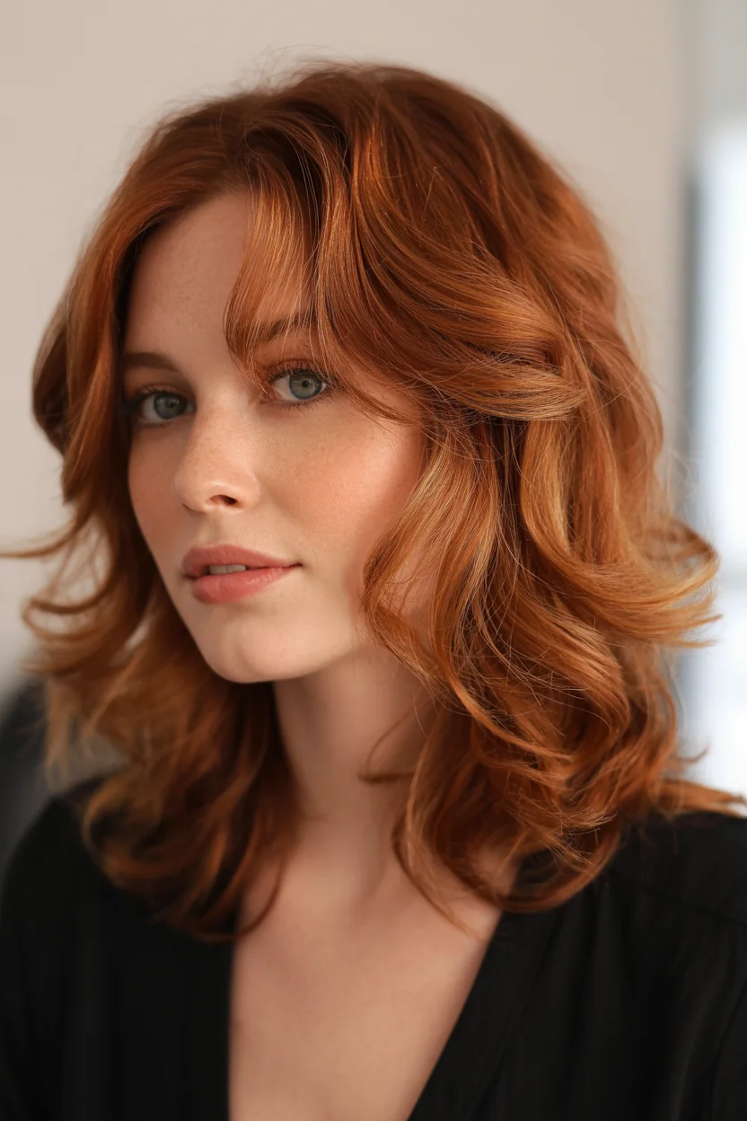 youthful summer haircuts for women over 40 2026 Modern Copper Waves with Soft Curtain Fringe
