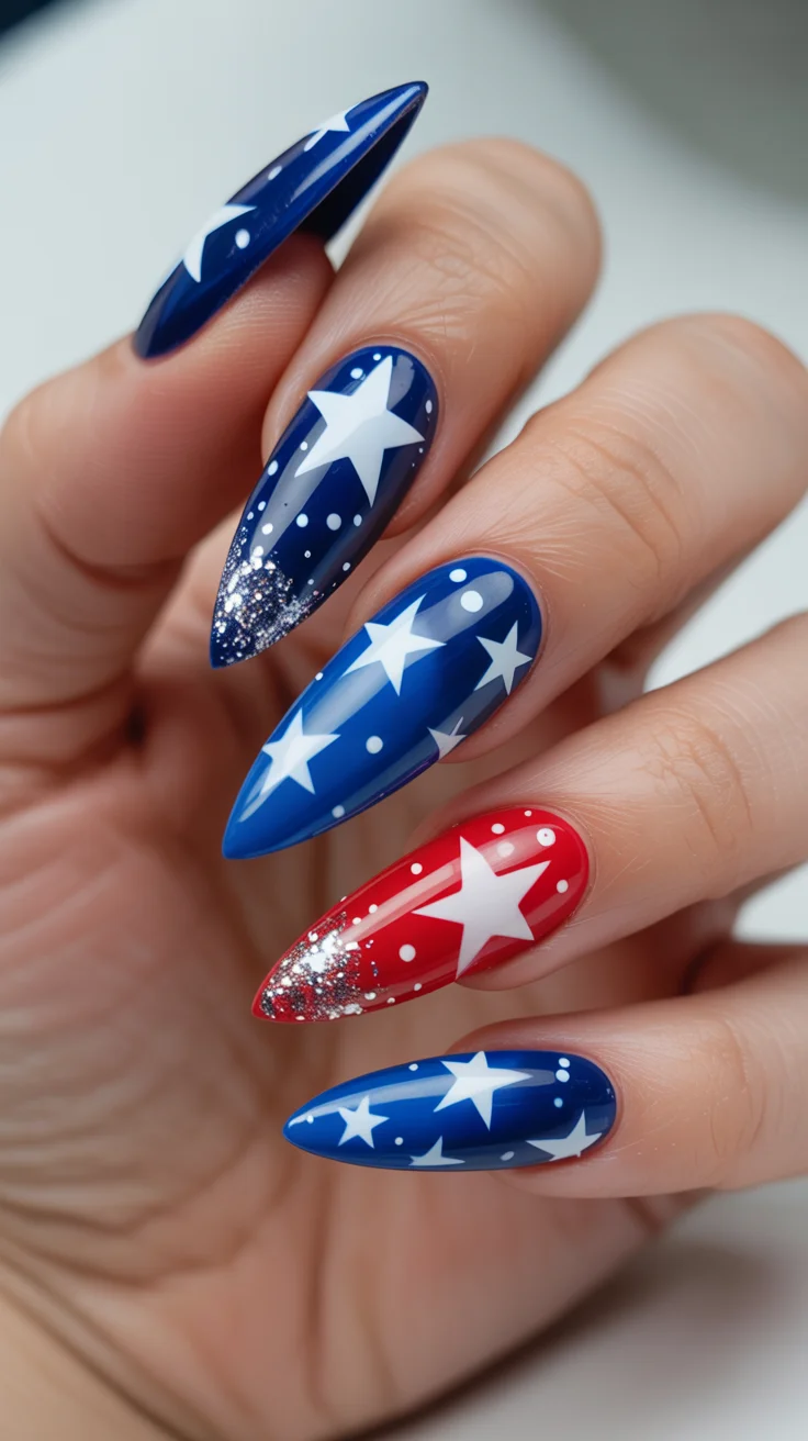 4th of july nails 2026 Celestial Starburst Stiletto Nails