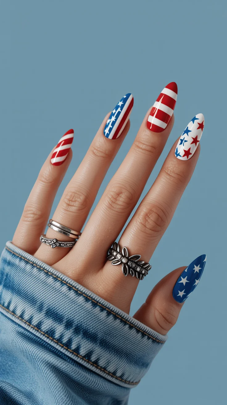 4th of july nails 2026 Mixed Pattern Americana Almond Nails