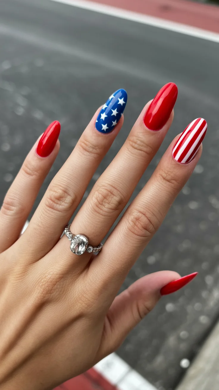 4th of july nails 2026 Classic Glossy Americana Almond Nails