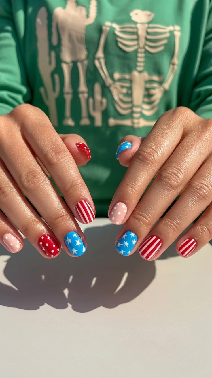 4th of july nails 2026 Playful Polka Dot Patriotic Short Nails