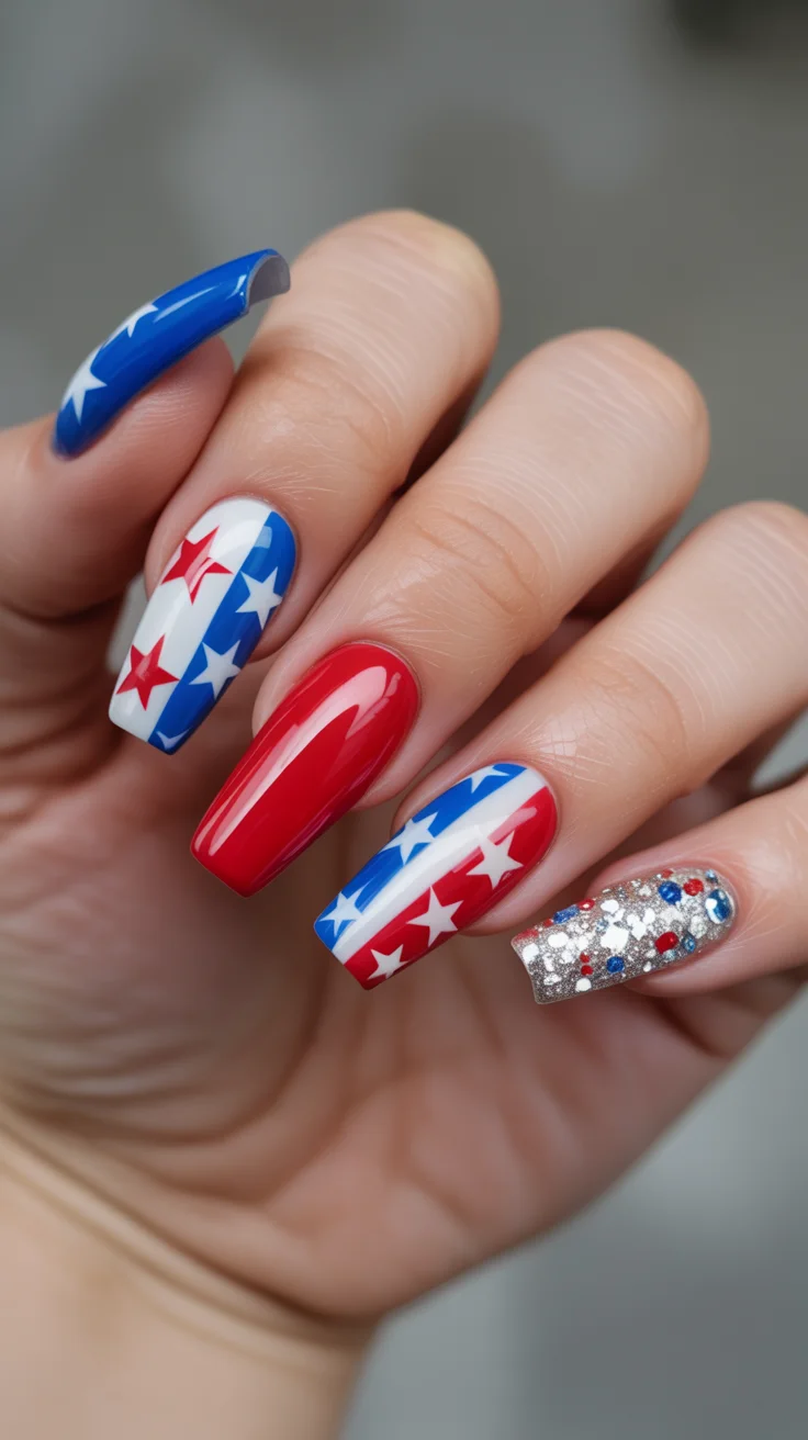 4th of july nails 2026 Bold Graphic Star Block Nails With Glitter Accent