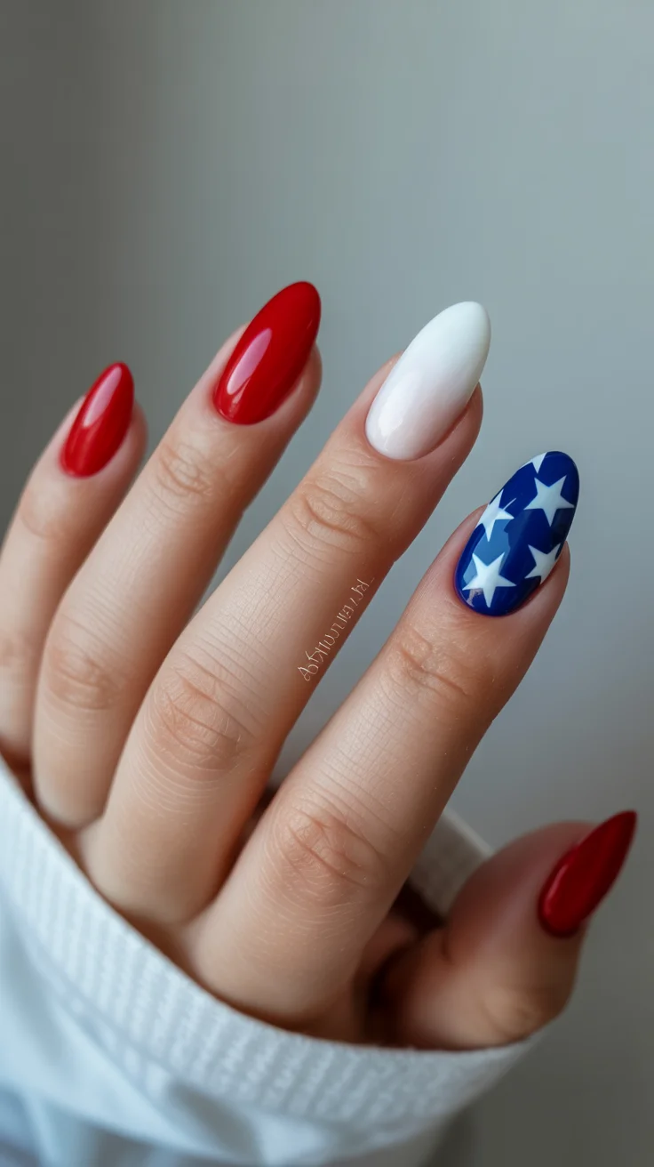 4th of july nails 2026 Classic Red White and Blue Almond Nails