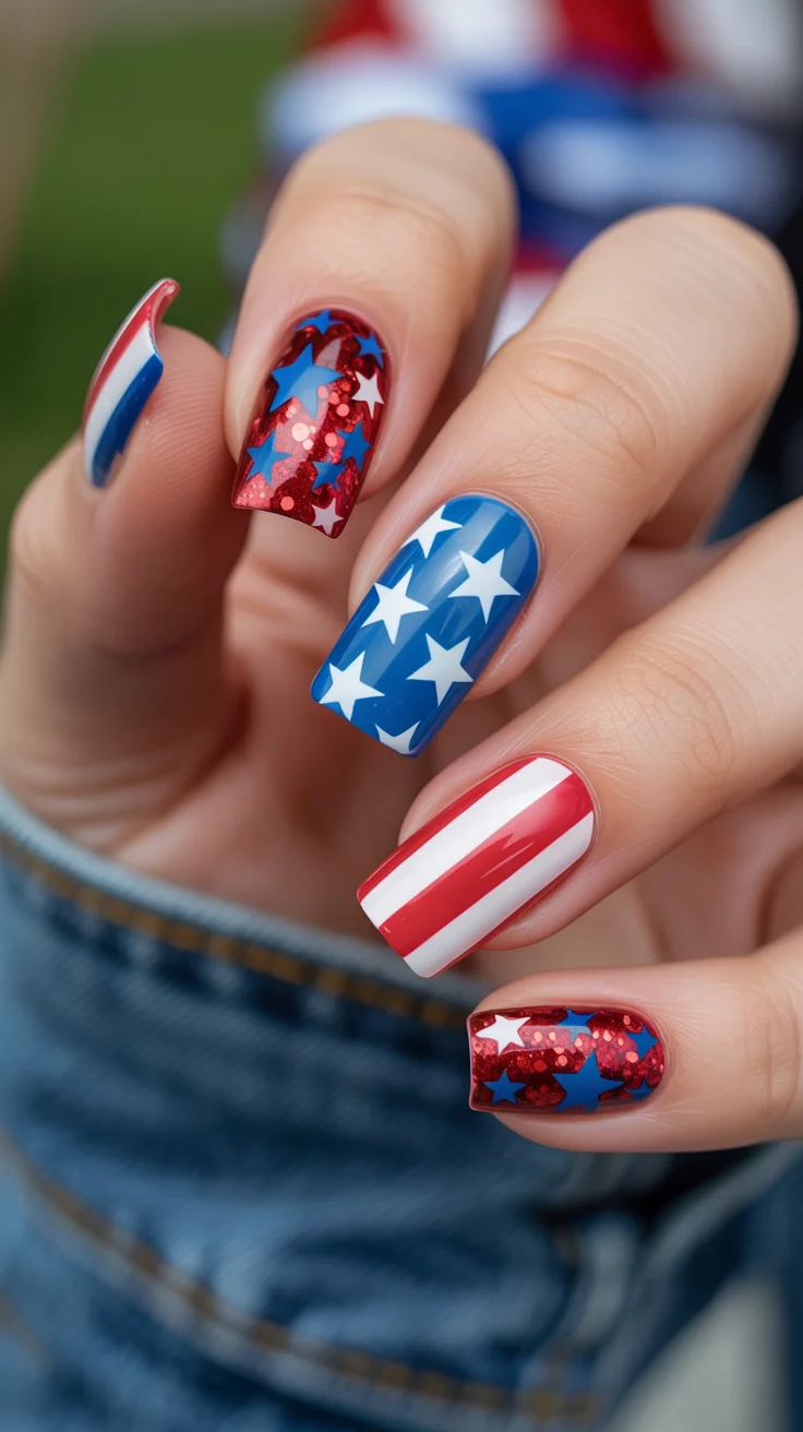 4th of july nails 2026 Retro Glitter Americana Nails