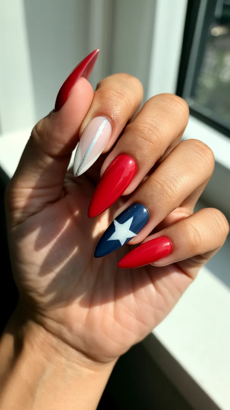 4th of july nails 2026 Sharp Stiletto Patriotic Nails With Minimal Star Art