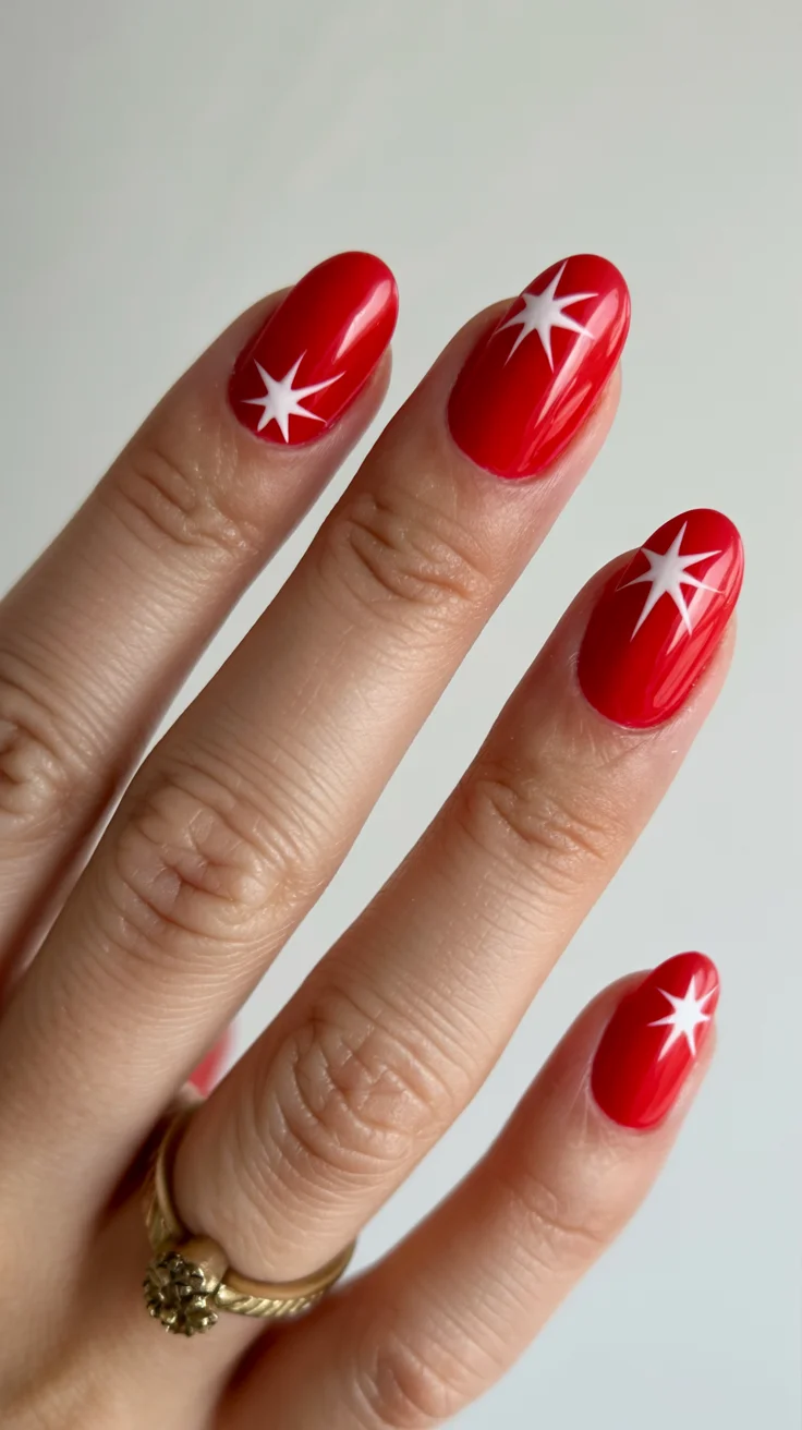 4th of july nails 2026 Cherry Red Nails With Retro White Starbursts