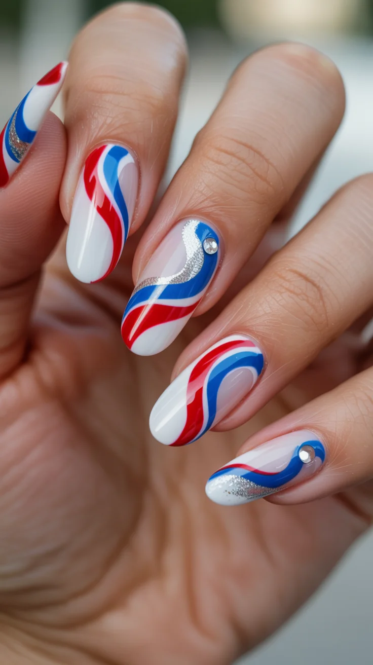 4th of july nails 2026 Swirled Ribbon Patriotic Nail Art