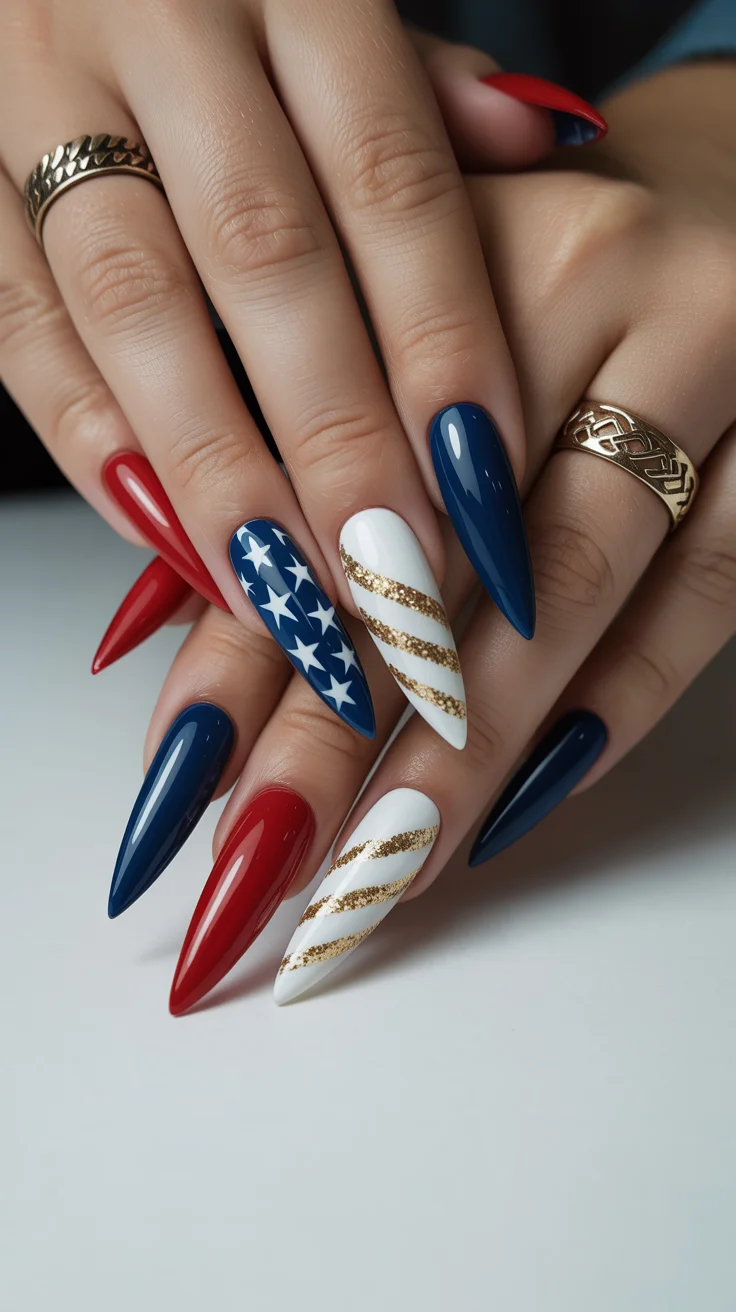 4th of july nails 2026 Luxury Stiletto Americana Nails With Gold Accents