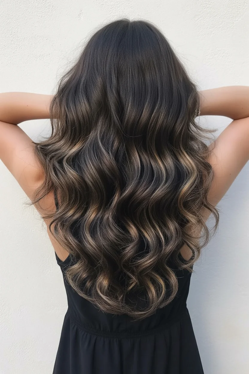 caramel summer ombre hair color 2026 Deep Brunette Base with Subtle Caramel Flickers