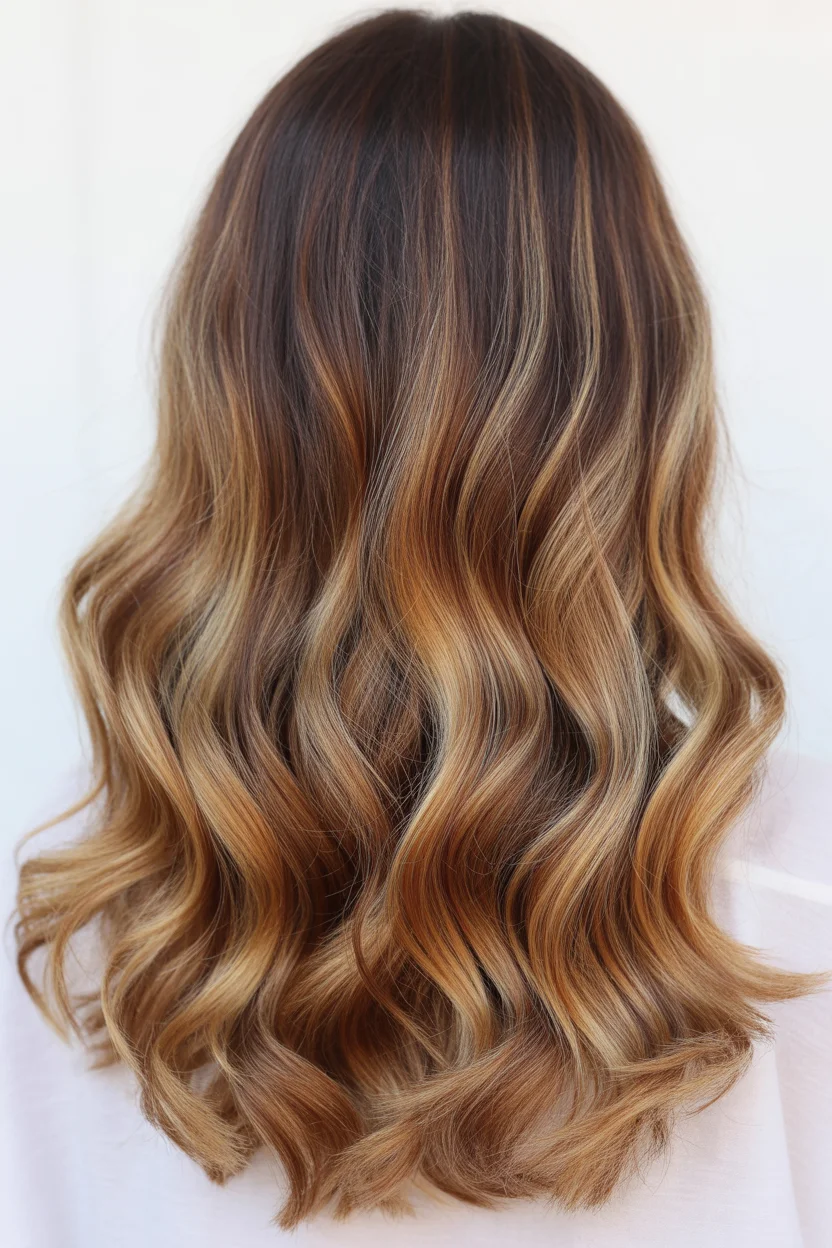 caramel summer ombre hair color 2026 Deep Brunette Contrast with Toasted Caramel Ribbons