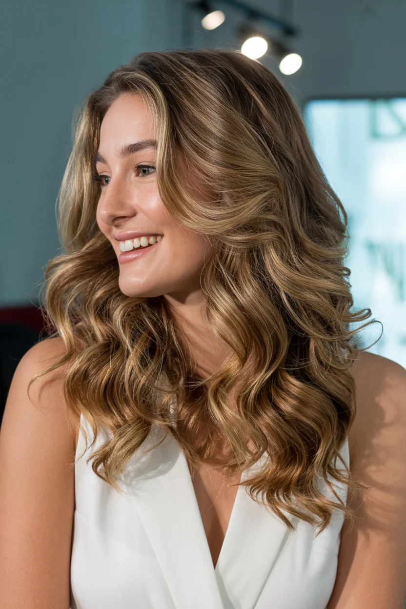 cool summer hair color for light skin 2026 Golden Honey Waves With Glossy Volume