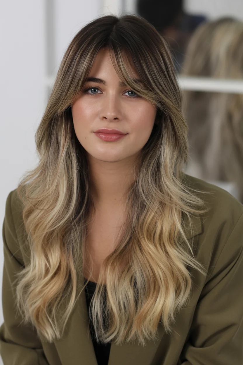 cool summer hair color for light skin 2026 Buttercream Blonde Balayage With Curtain Bangs